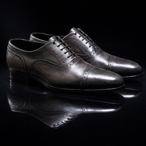 Santoni Antique Grey Leather Cap Toe Brogues - Handmade Italian Luxury Oxfords